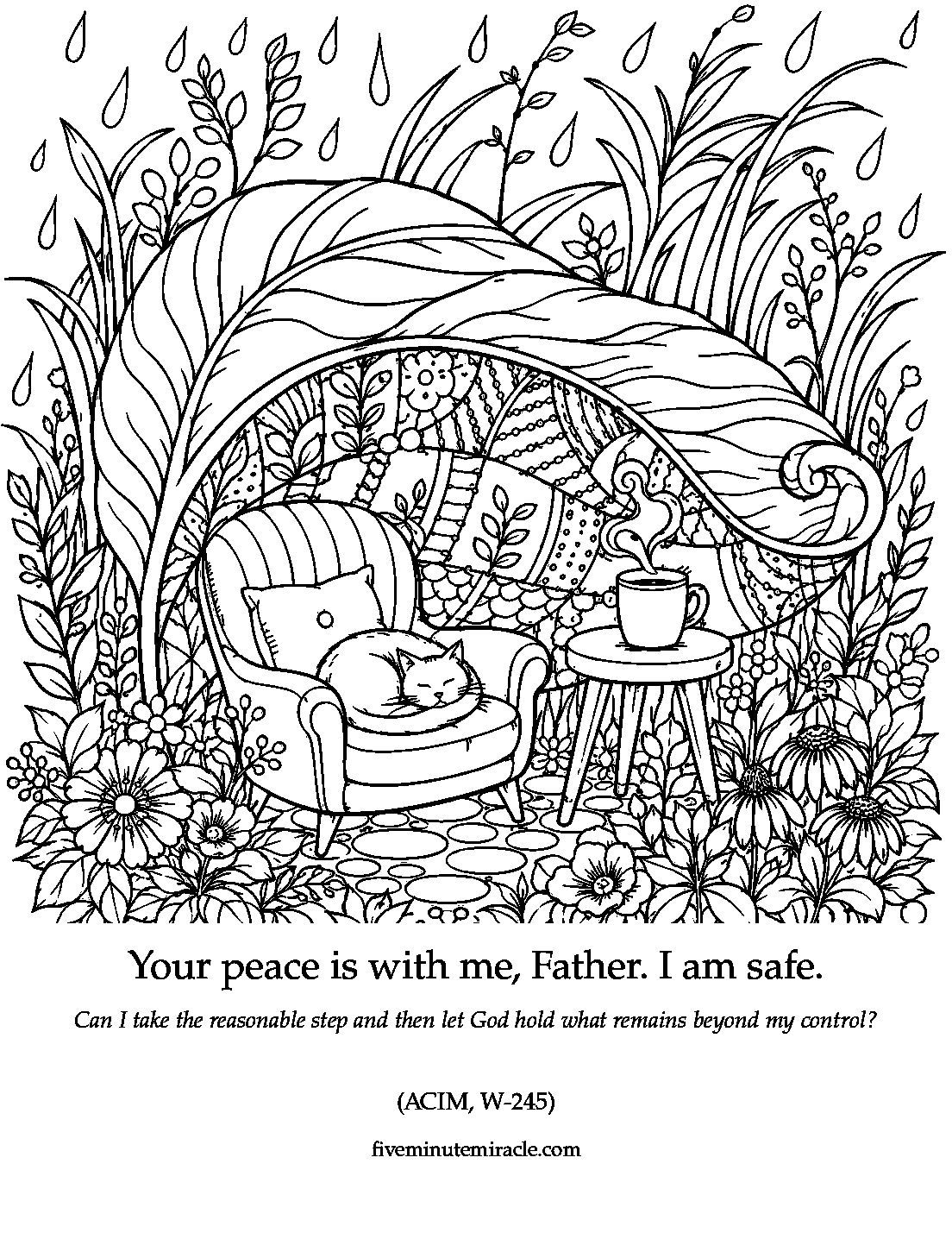 Lesson 245 coloring page with a cozy chair, sleeping cat, and tea sheltered beneath an enormous curled leaf in the rain