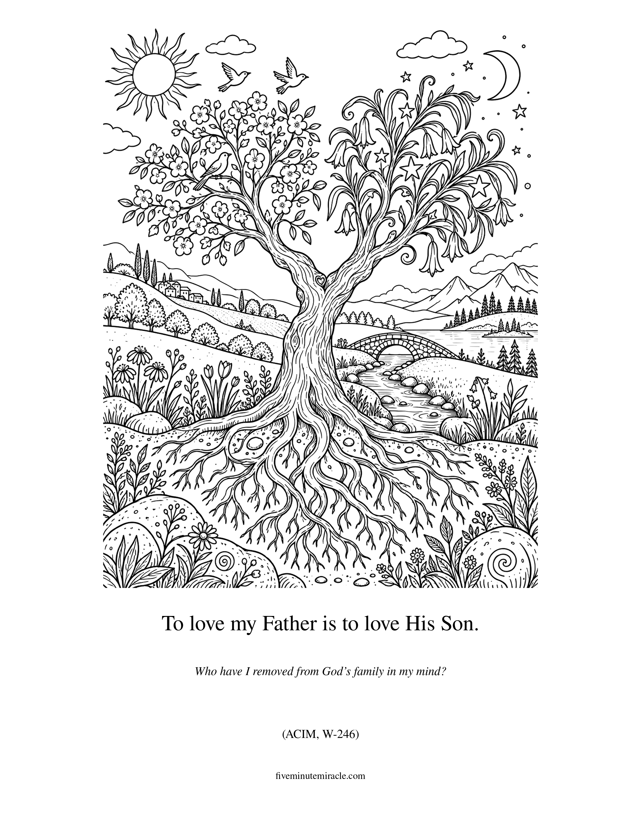Lesson 246 coloring page with two distinct flowering crowns growing from one ancient tree and shared root system