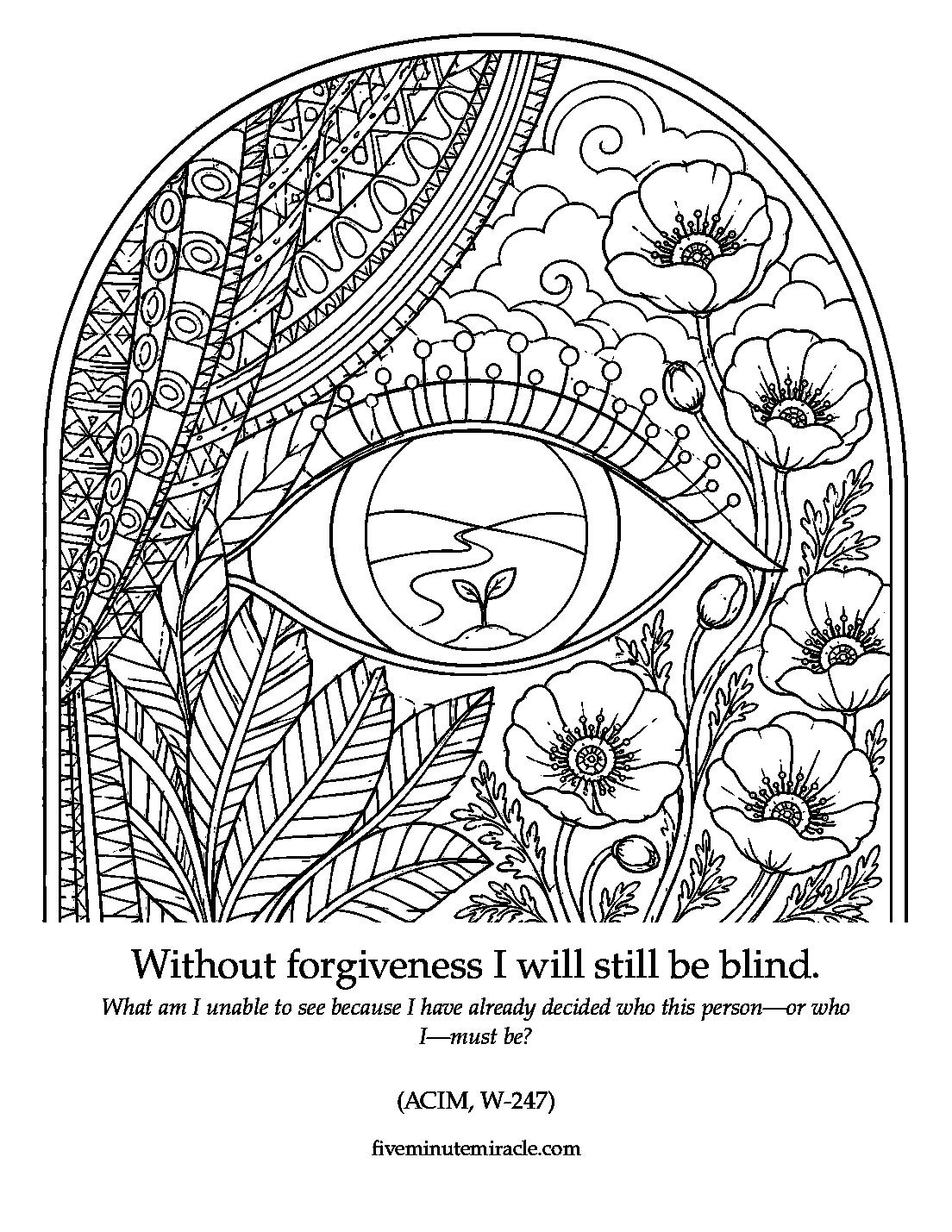Lesson 247 coloring page with an eye-shaped garden window emerging from patterned curtains into poppies and open sky