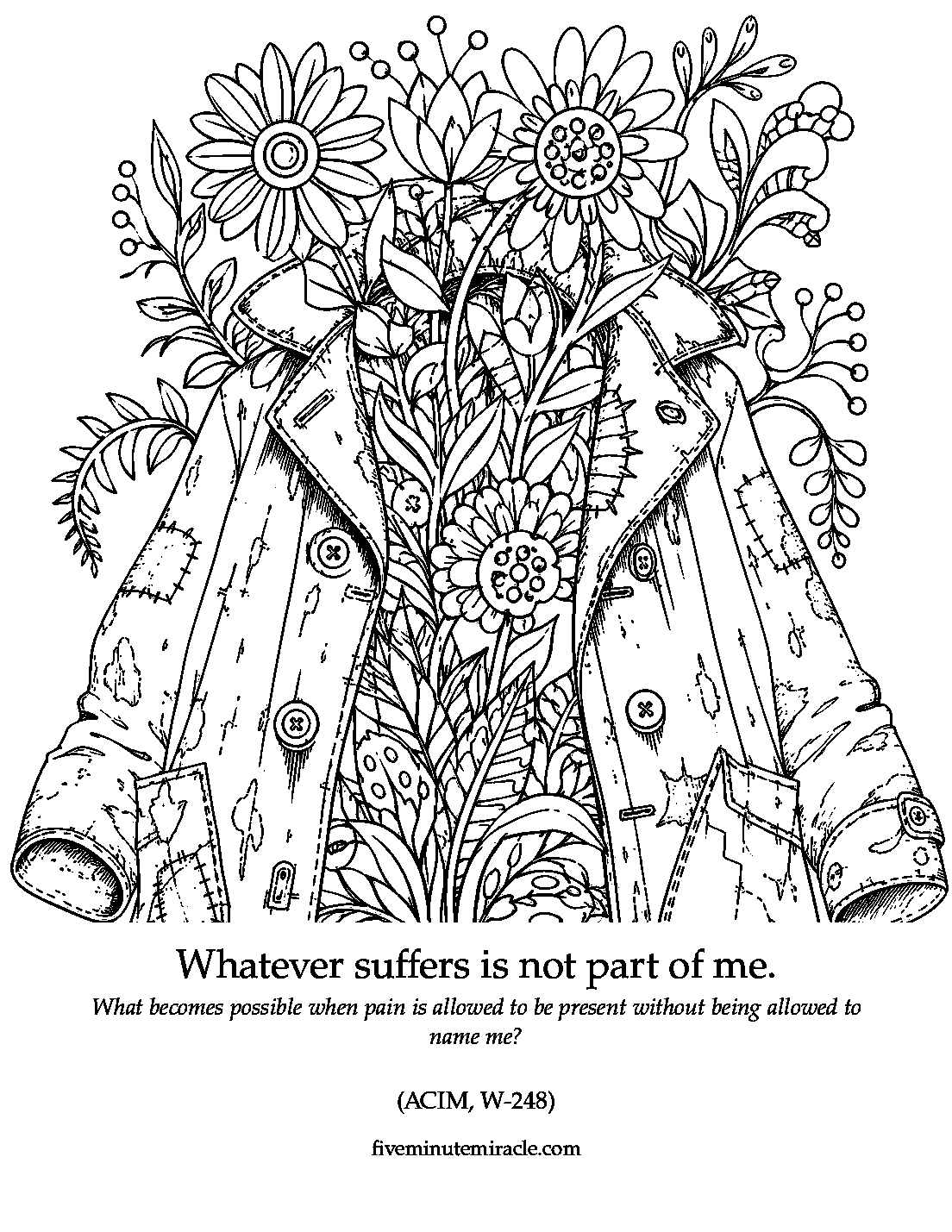 Lesson 248 coloring page with an old patched raincoat opening to reveal an abundant living garden