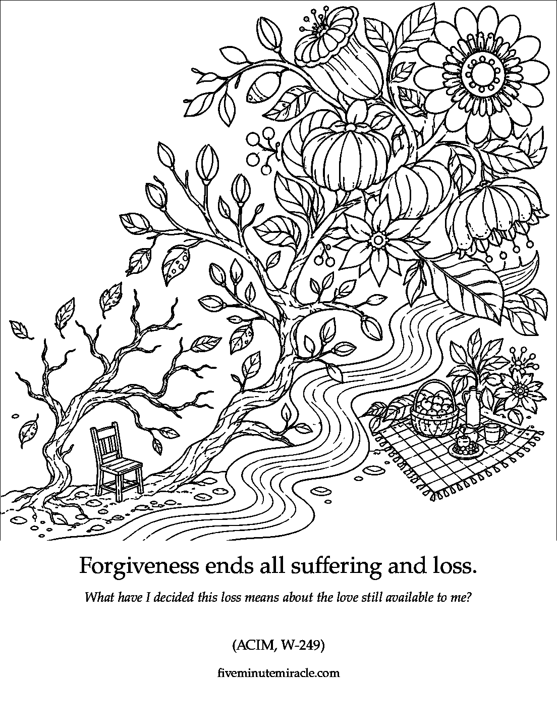 Lesson 249 coloring page with a river joining a bare winter tree and empty chair to a blooming garden and picnic
