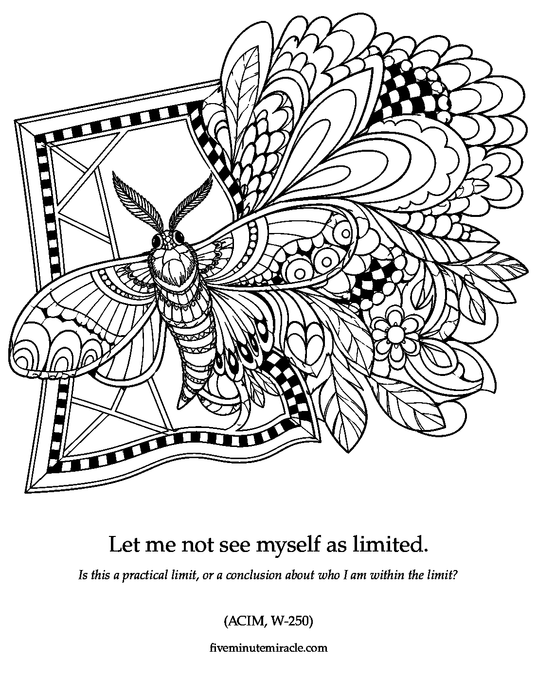 Lesson 250 coloring page with an oversized patterned moth expanding beyond a bent geometric frame