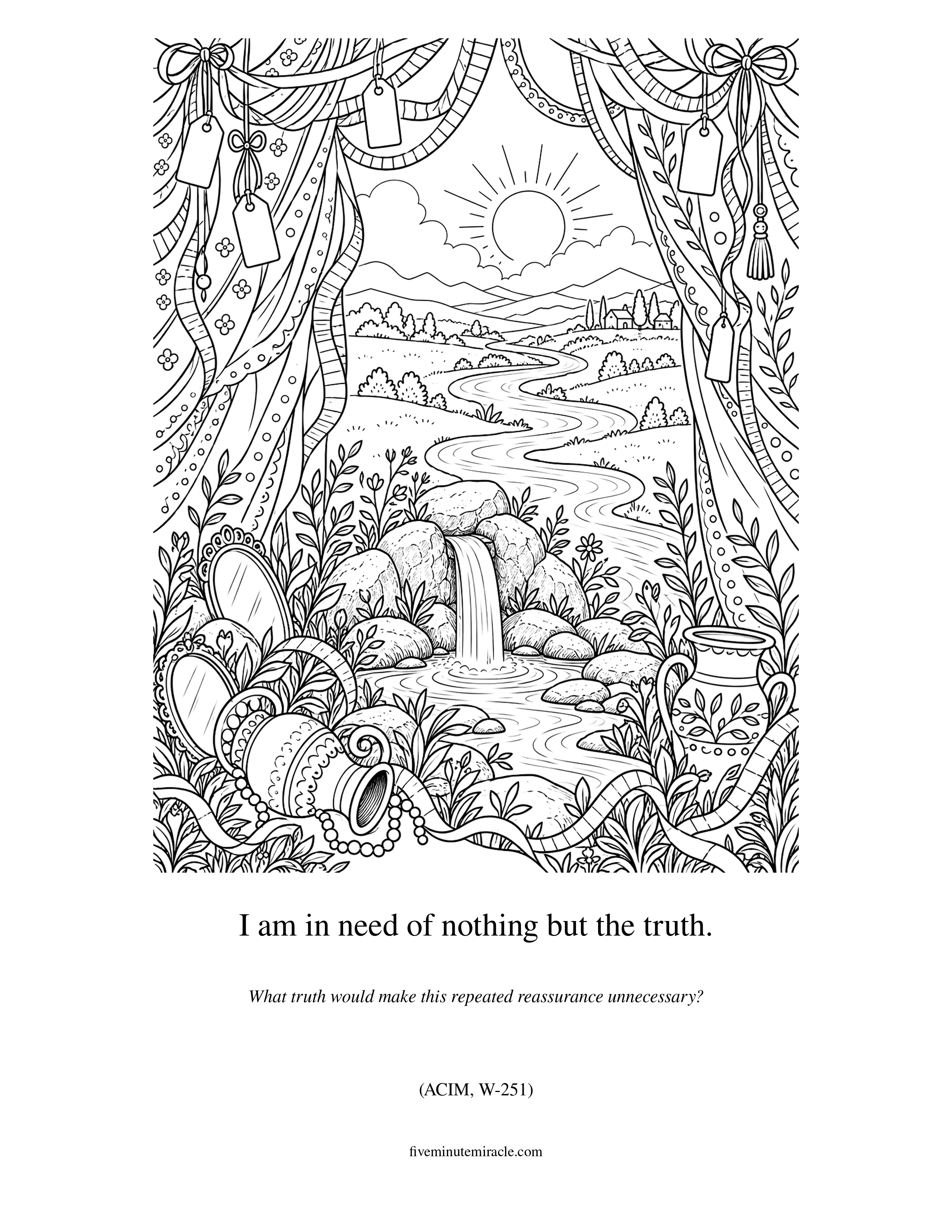 Lesson 251 coloring page with patterned curtains and blank labels opening onto a clear spring and winding river