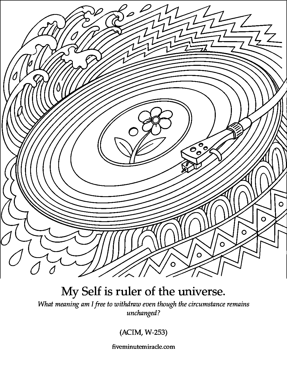 Lesson 253 coloring page with a retro vinyl record whose stormy outer grooves settle around a central flower