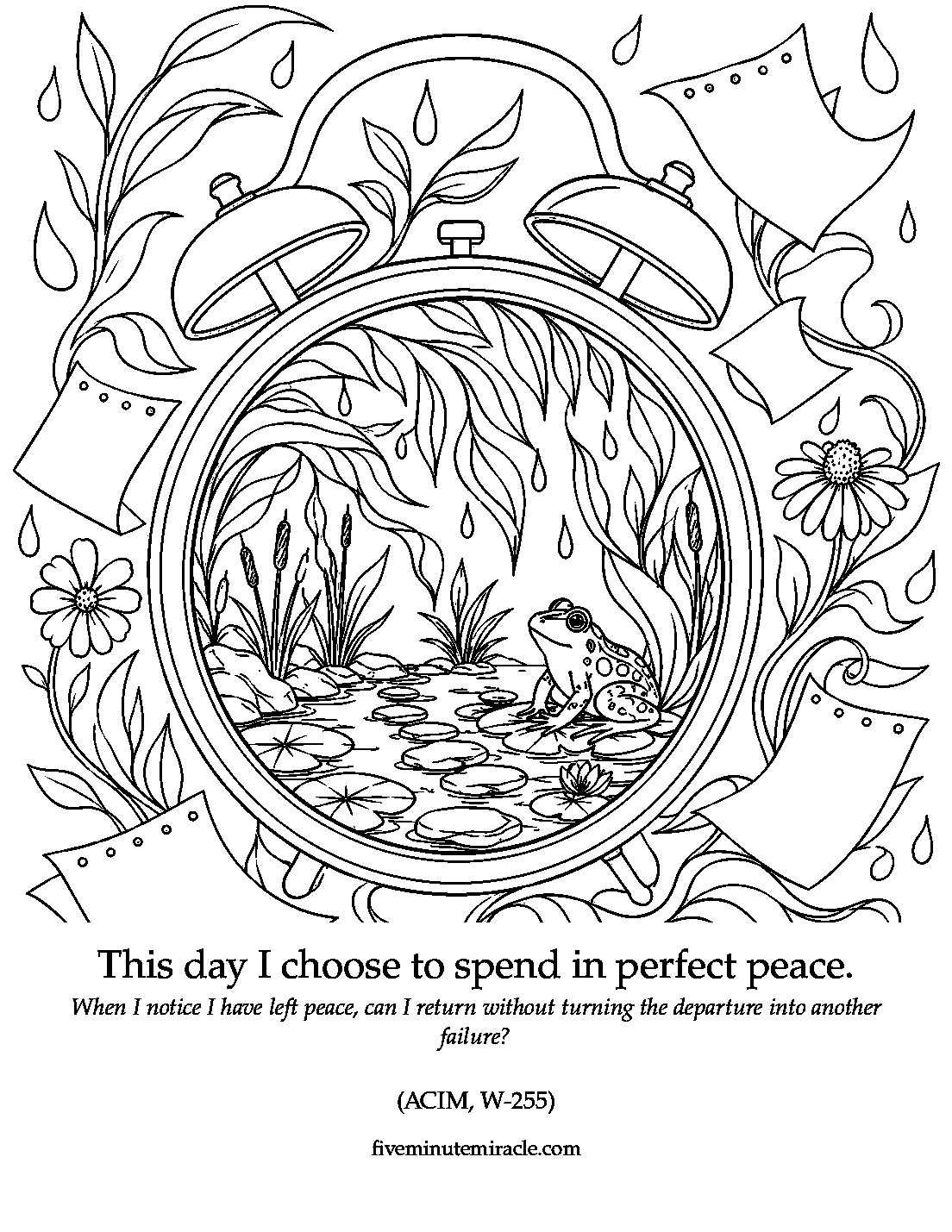 Lesson 255 coloring page with a peaceful frog pond inside an alarm clock surrounded by rain and blank calendar pages