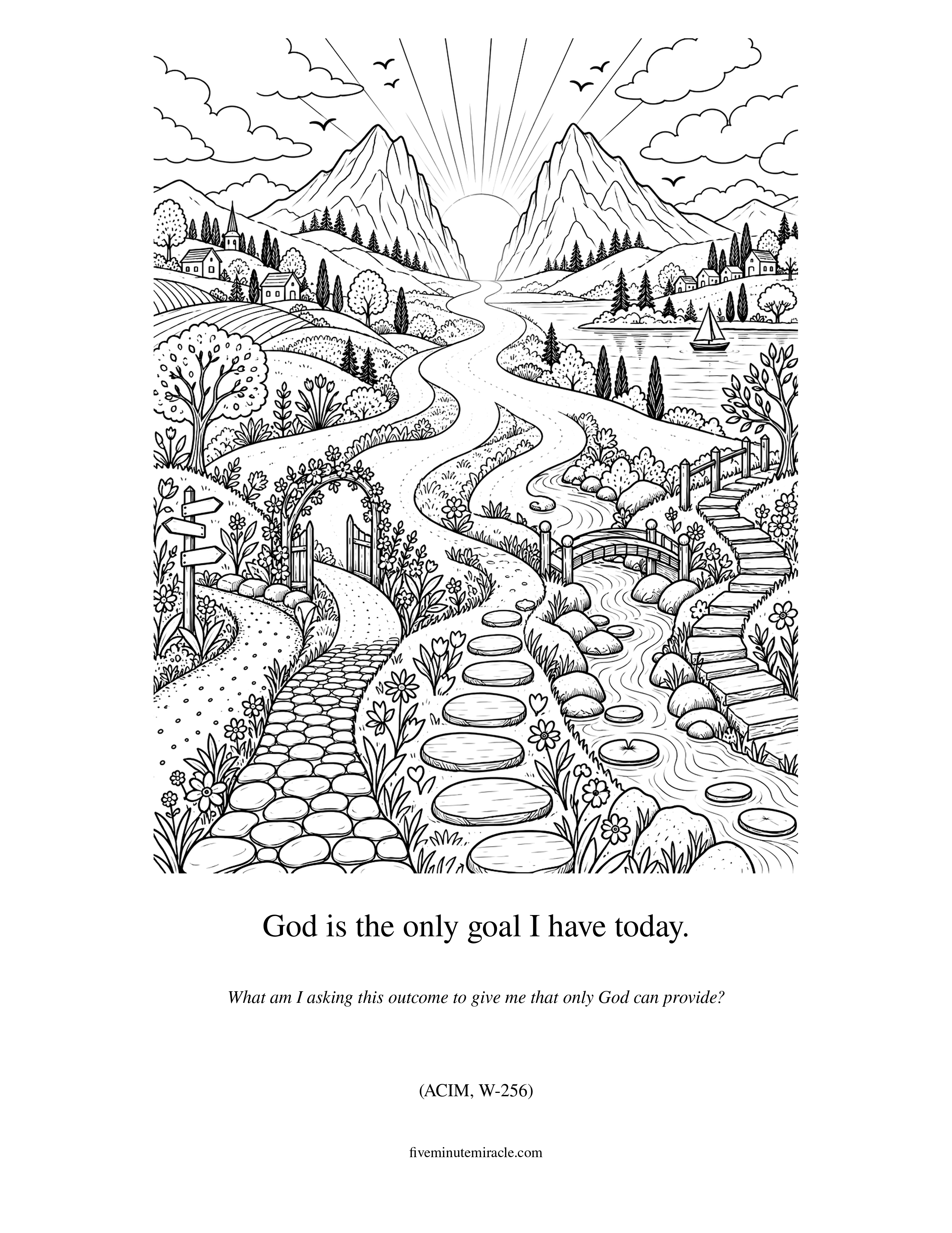 Lesson 256 coloring page with many winding paths converging toward one luminous opening between the mountains