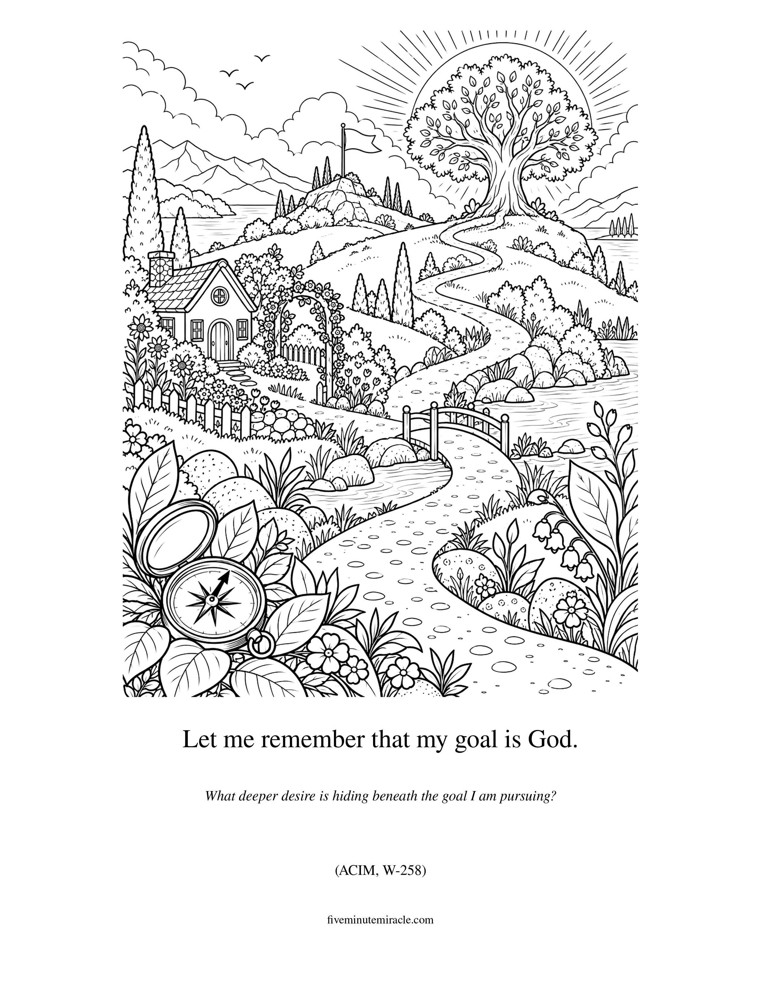 Lesson 258 coloring page with a wandering path passing many destinations on its way toward one sunlit tree