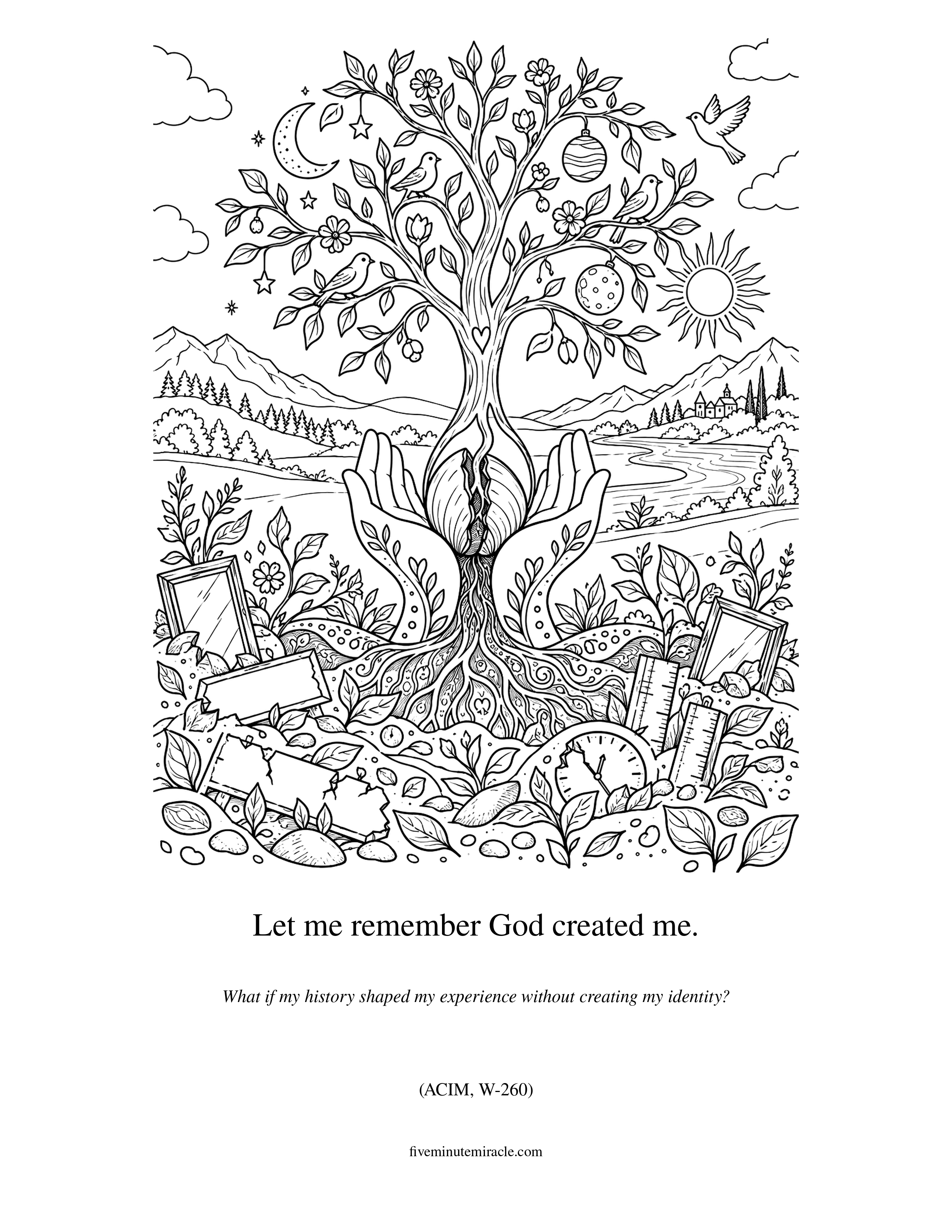 Lesson 260 coloring page with symbolic hands holding a seed that grows into a celestial flowering tree