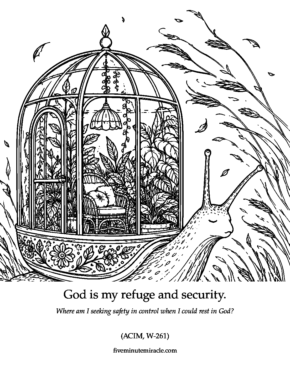 Lesson 261 coloring page with a calm snail carrying a cozy greenhouse garden as its shell