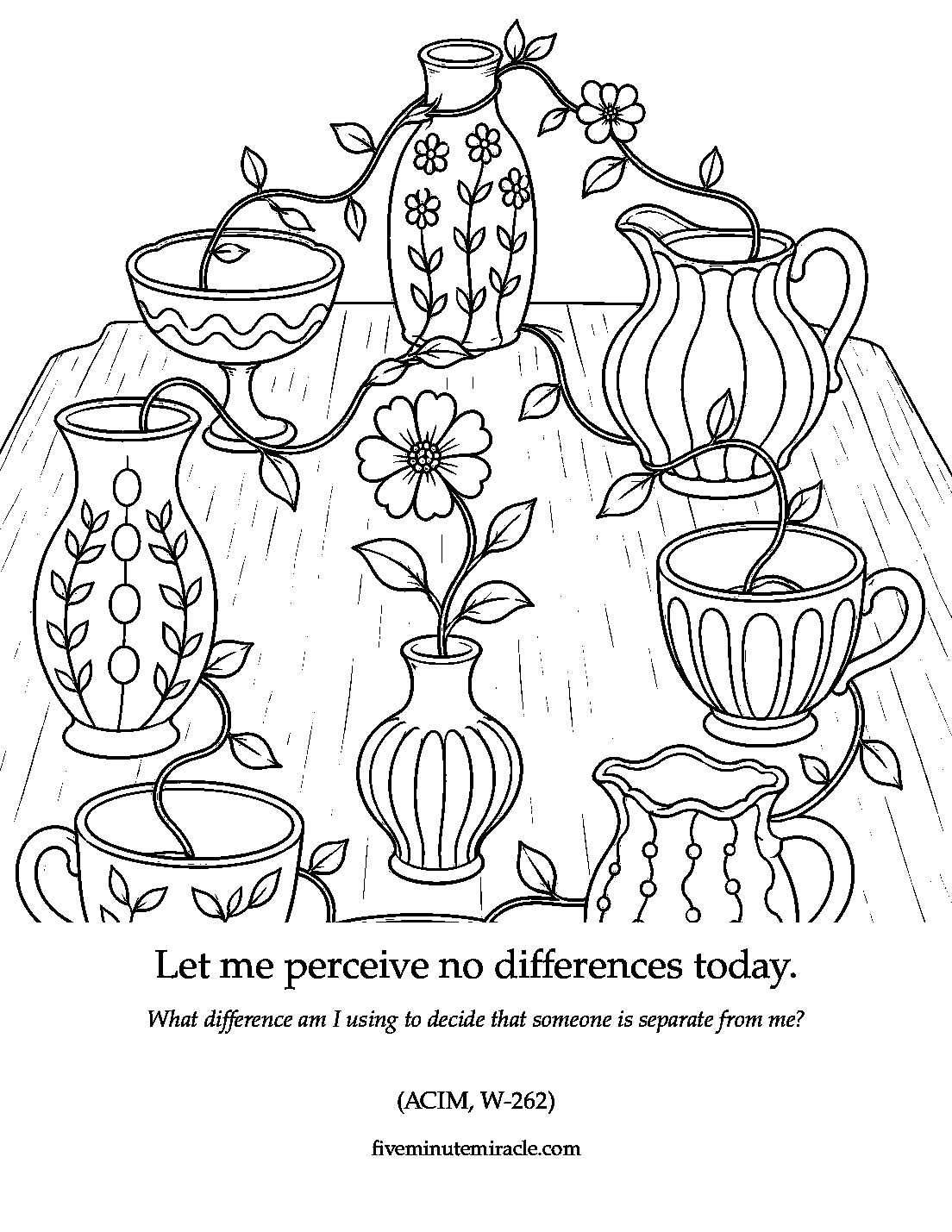 Lesson 262 coloring page with mismatched vintage vessels connected by one continuous flowering vine