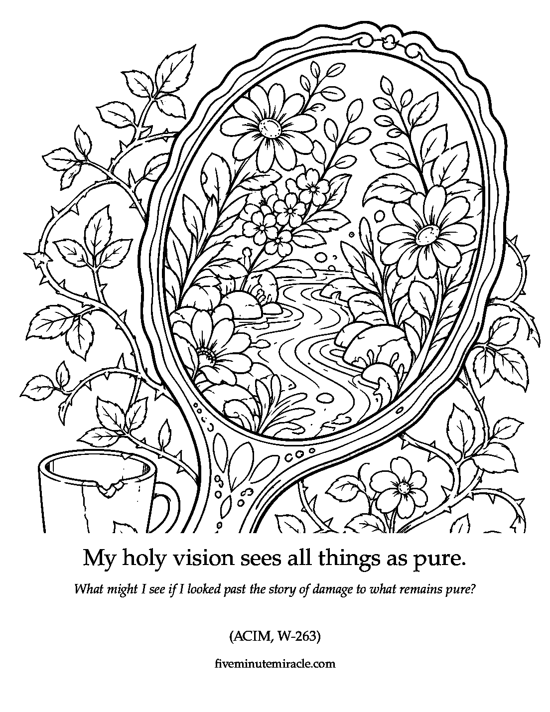 Lesson 263 coloring page with a hand mirror revealing a peaceful garden within gently tangled botanical forms