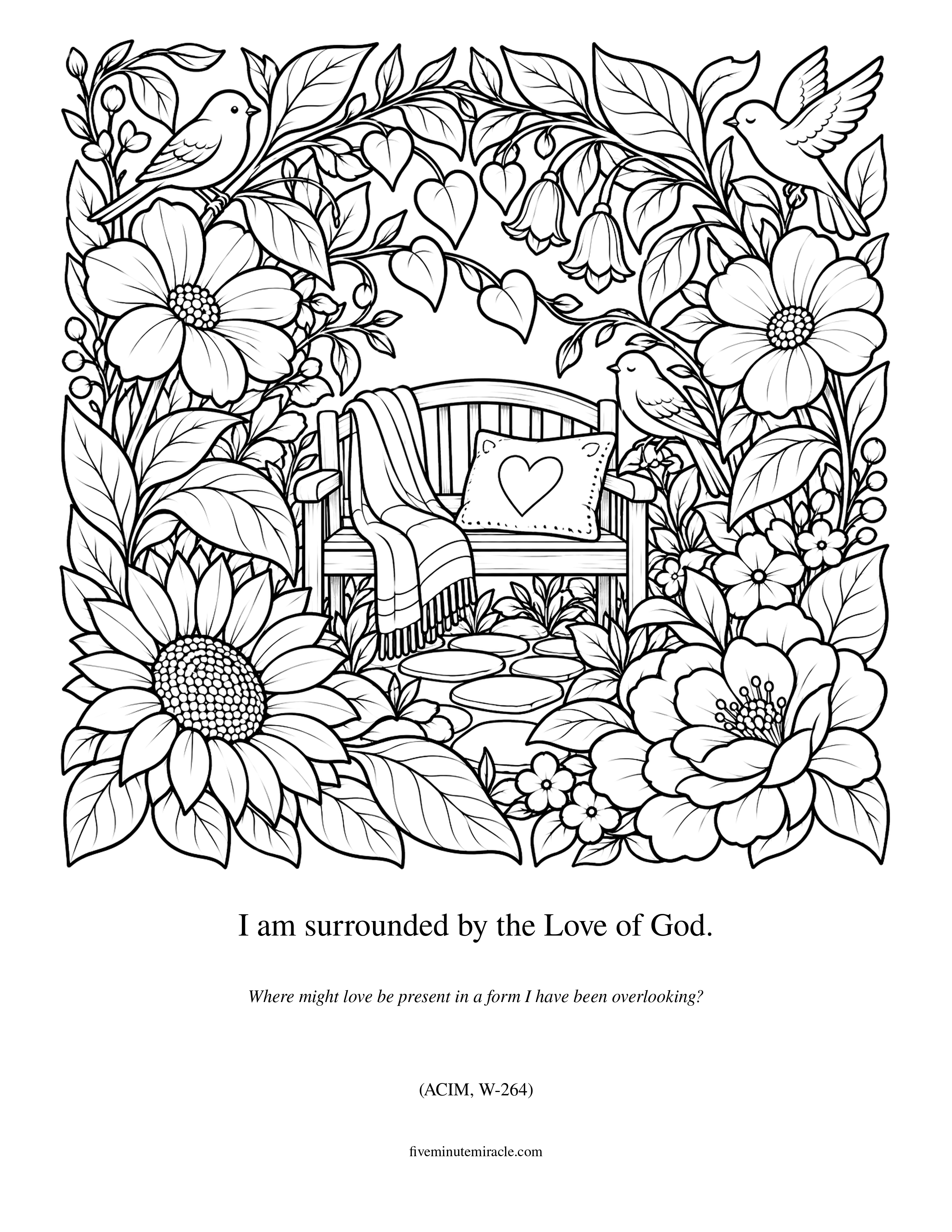 Lesson 264 coloring page with a welcoming garden seat surrounded by flowers, leaves, and gentle birds