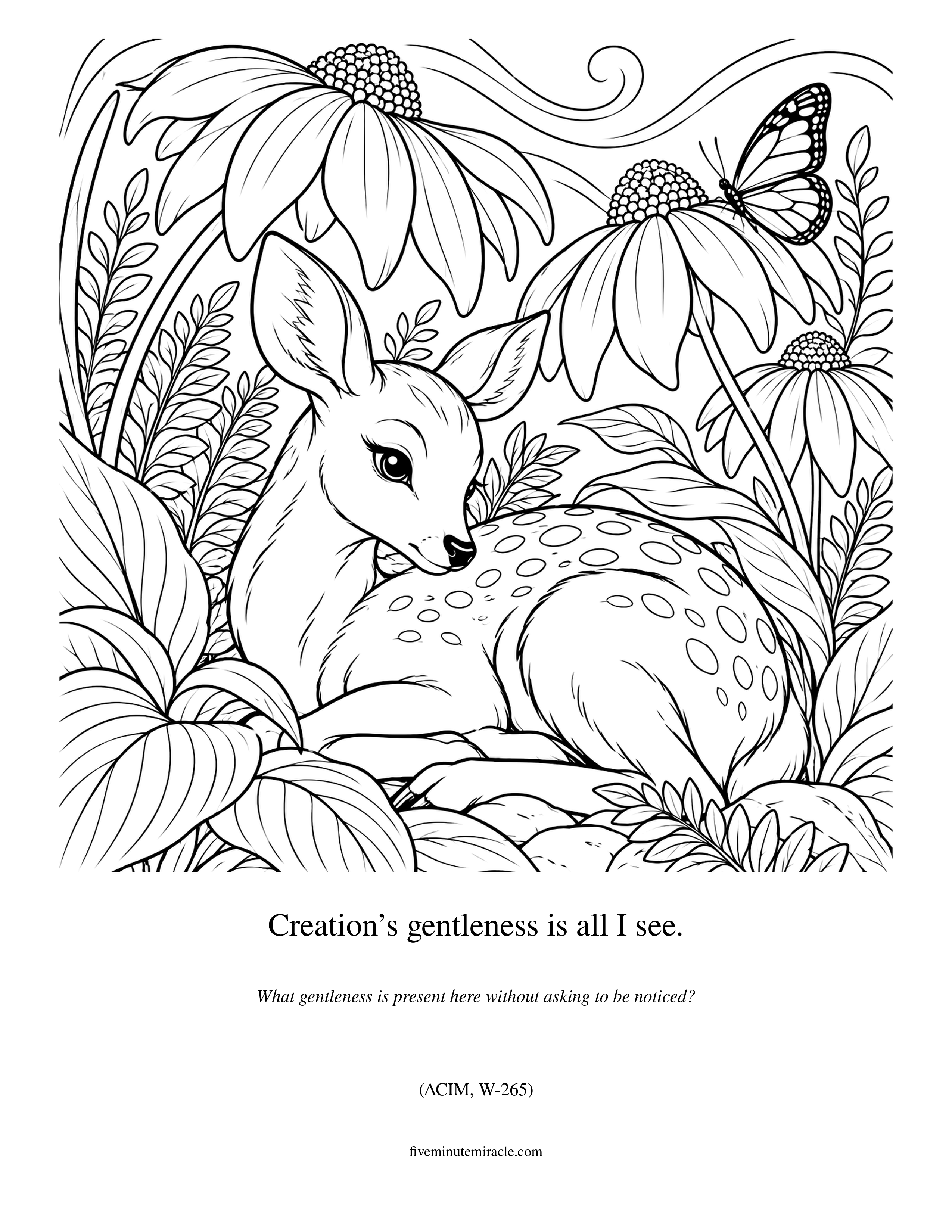 Lesson 265 coloring page with a resting deer sheltered by oversized flowers and a butterfly