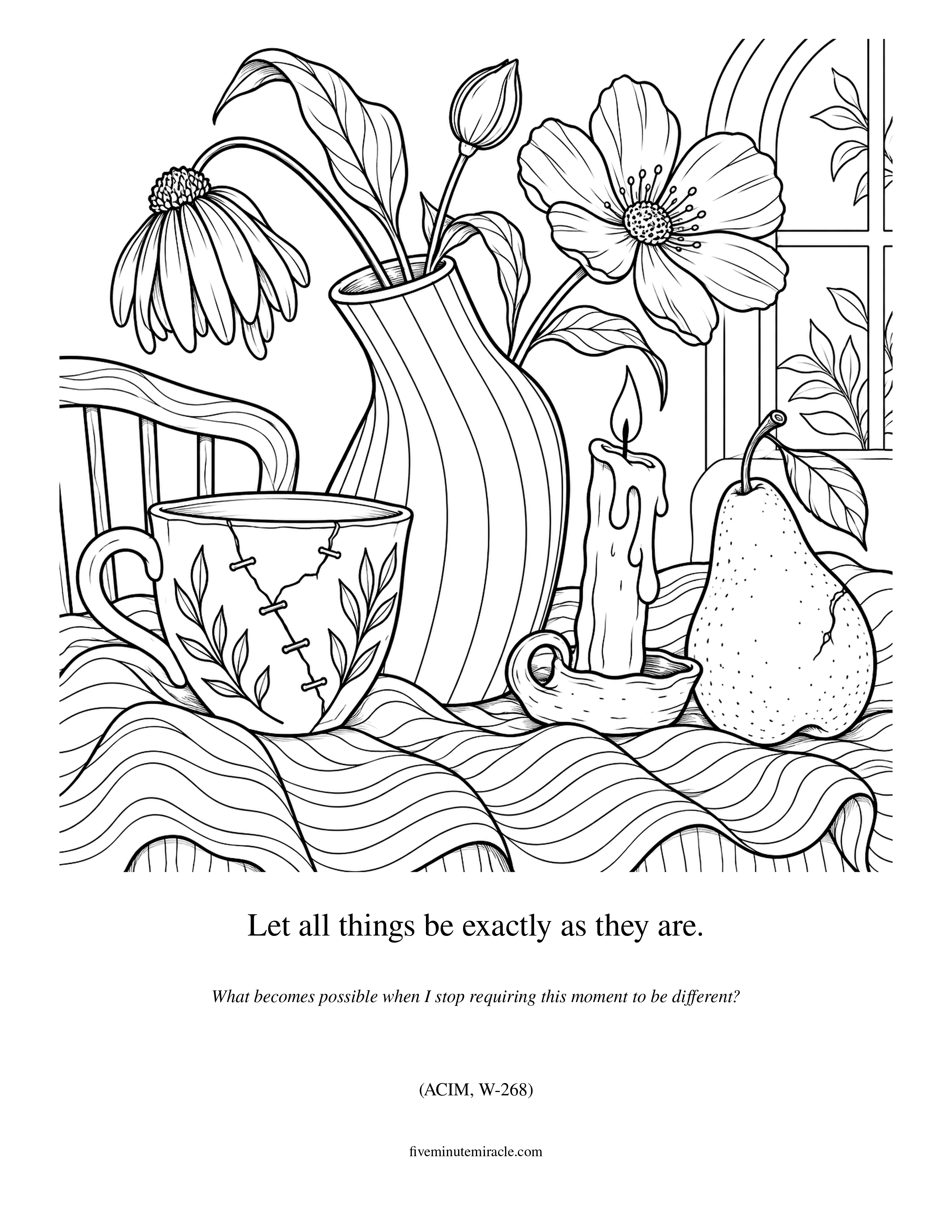 Lesson 268 coloring page with an imperfect but harmonious still life of a mended cup, leaning vase, candle, flowers, and pear