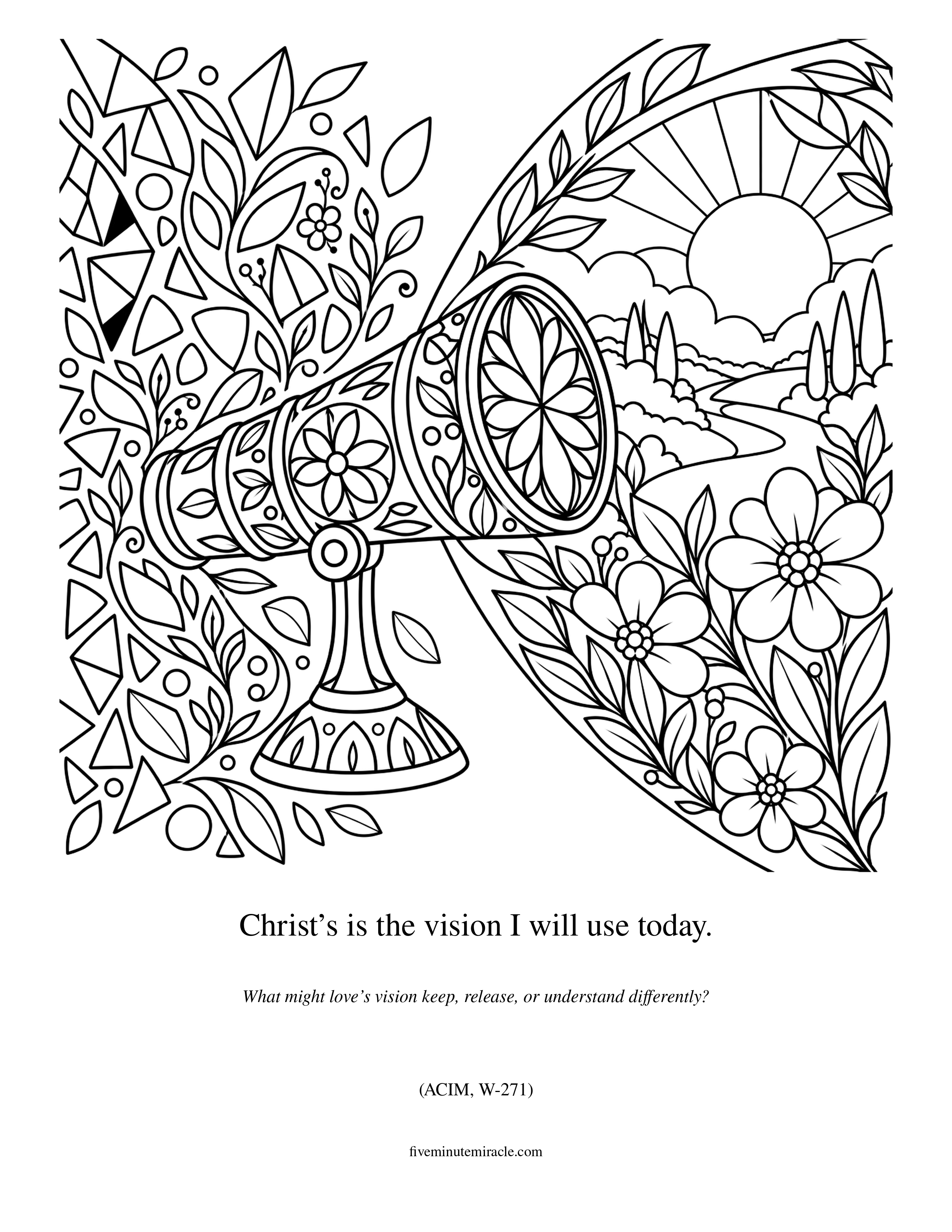 Lesson 271 coloring page with a floral kaleidoscope transforming scattered shapes into an open garden landscape