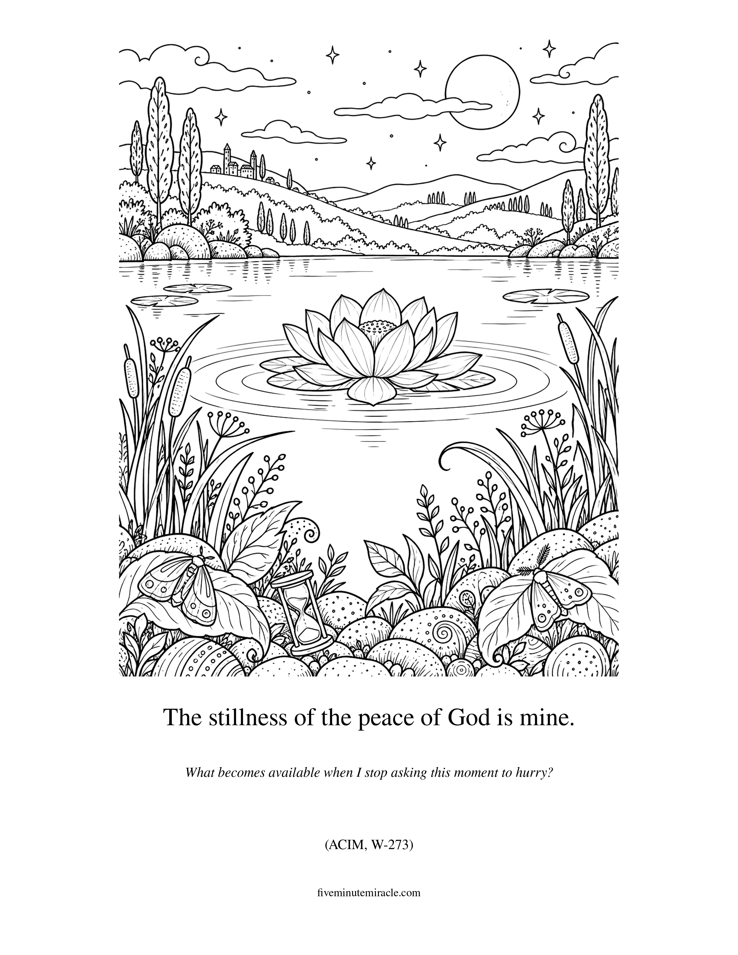 Lesson 273 coloring page with a broad still pond, lotus, quiet ripples, layered hills, plants, and a small resting hourglass
