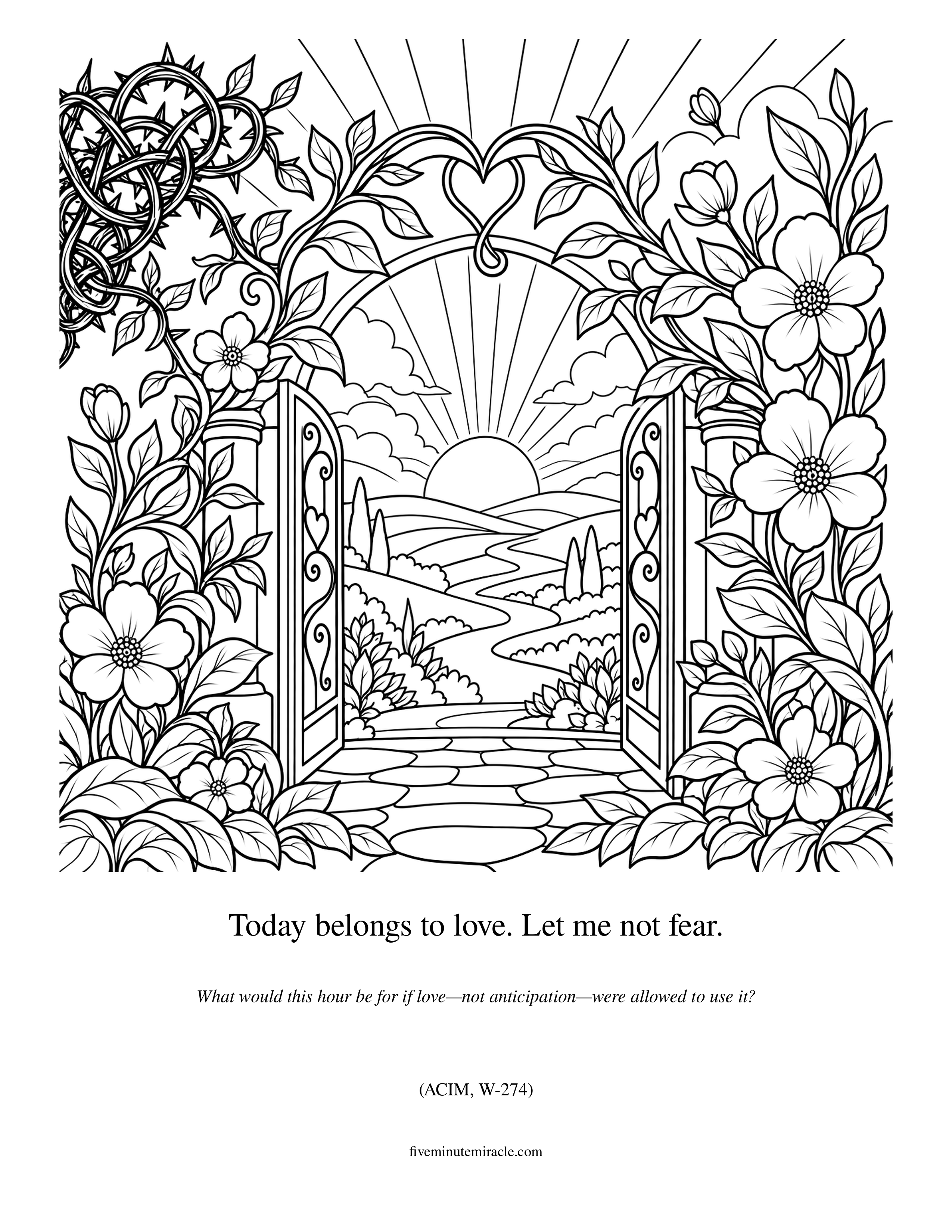 Lesson 274 coloring page with tangled thorns opening into a flower-framed doorway leading toward the sunrise