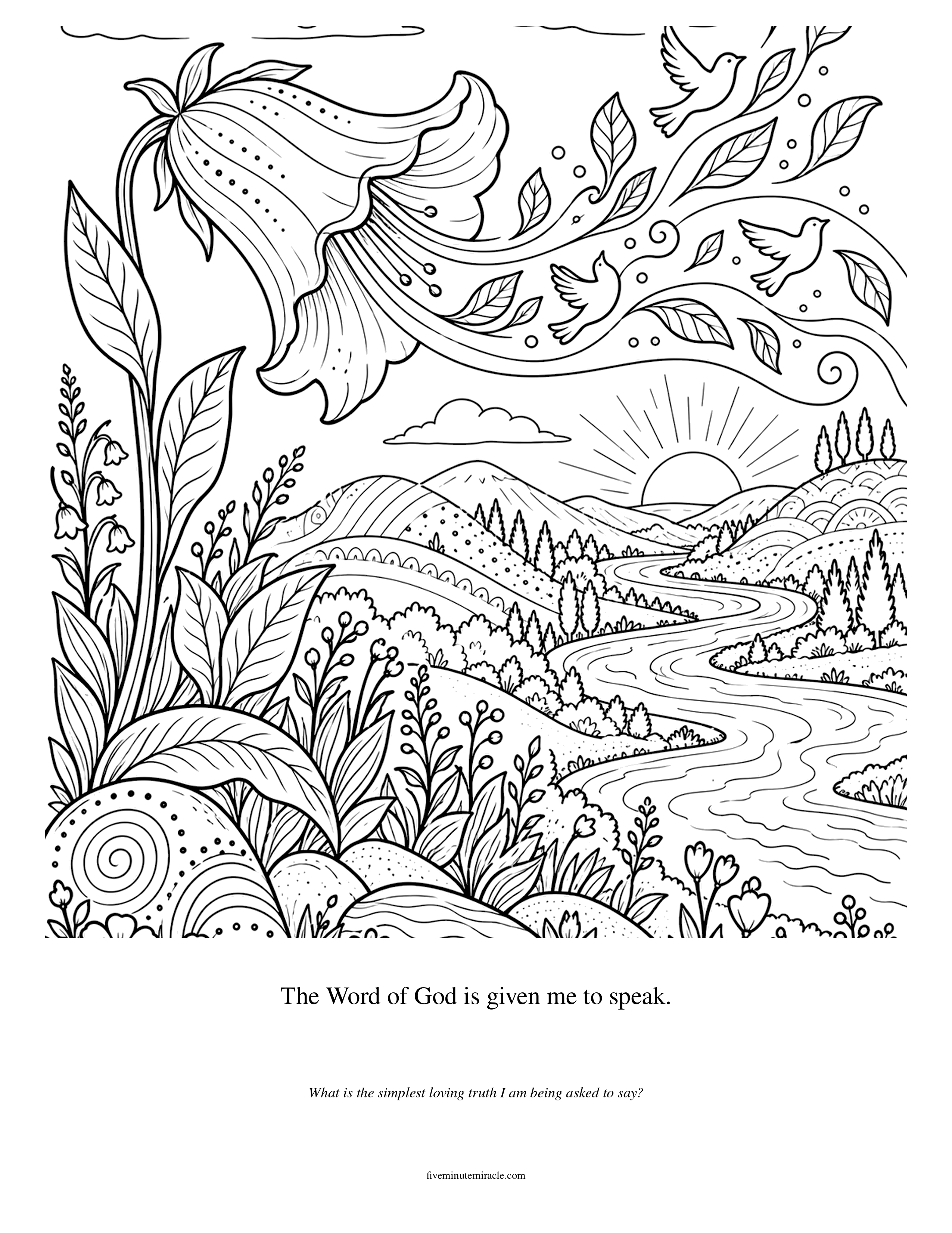 Lesson 276 coloring page with a great bellflower whose flowing breath becomes leaves, birds, and a winding river