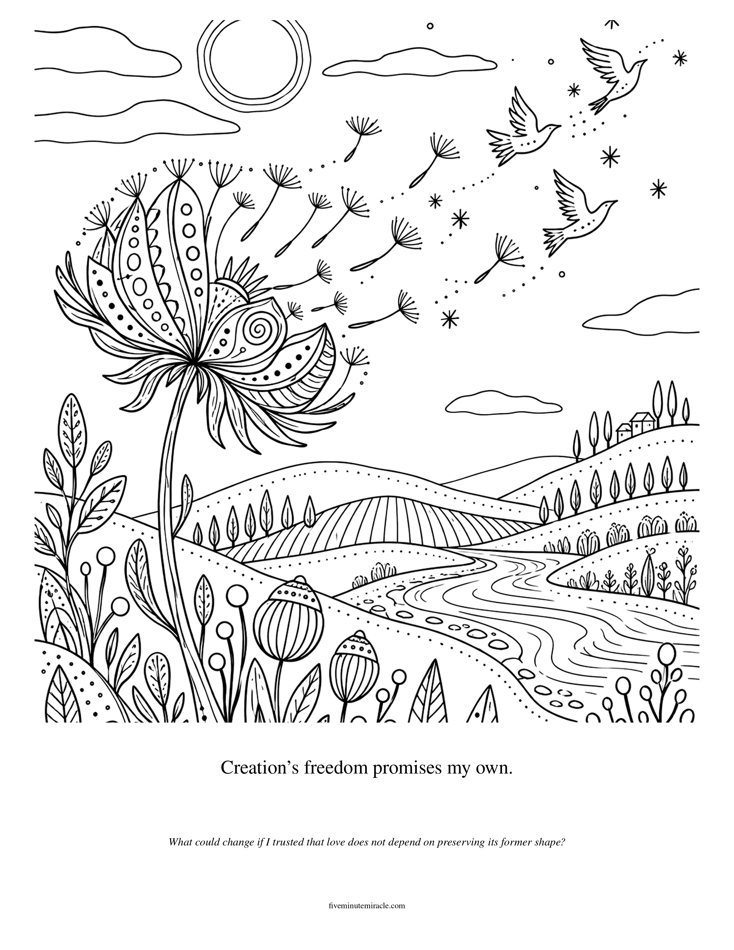 Lesson 279 coloring page with a fantastical seed head releasing seeds that become birds and stars