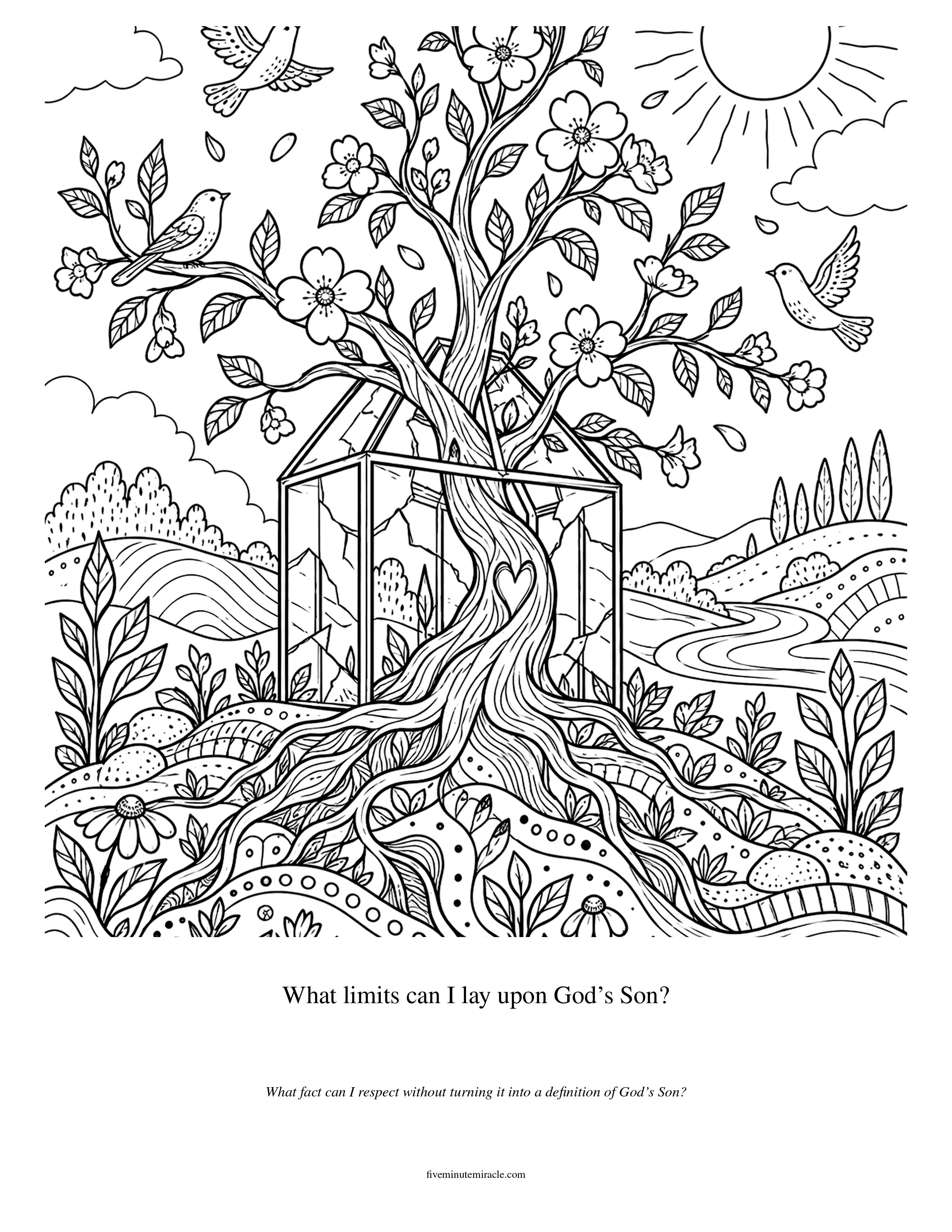 Lesson 280 coloring page with a flowering tree growing freely through a cracked geometric enclosure