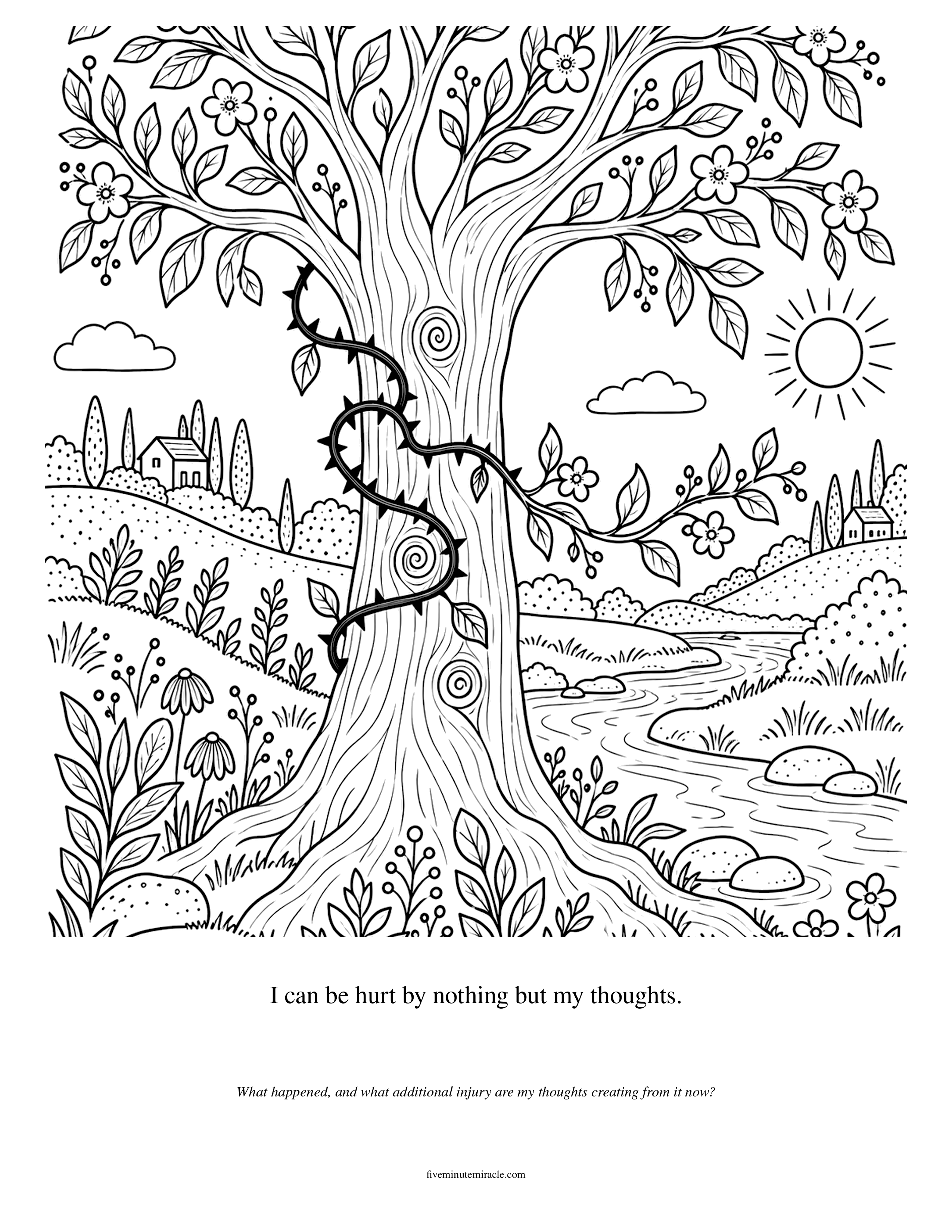 Lesson 281 coloring page with thorny thought-vines emerging from a tree and softening into flowers